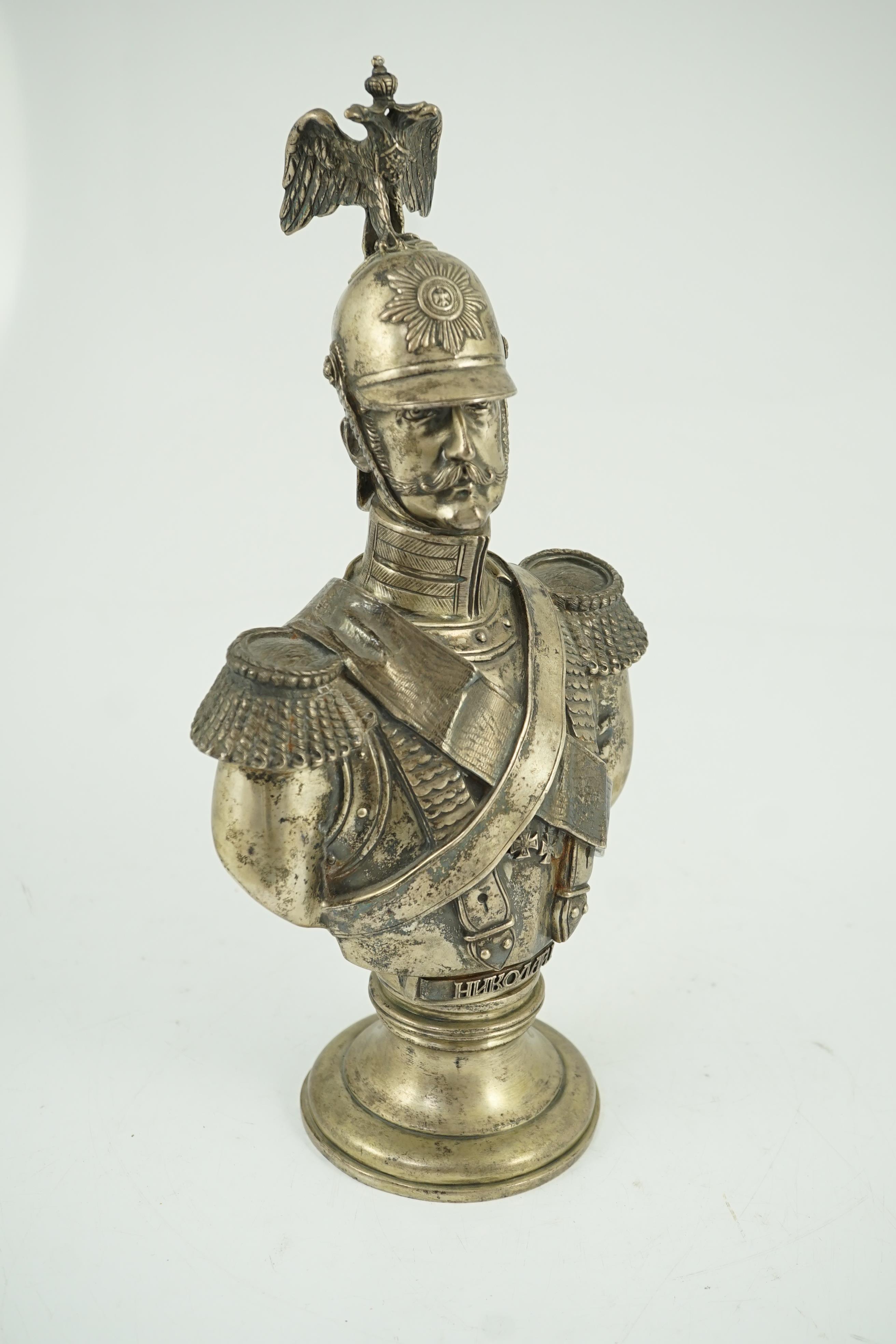 After Theodore Dietrich. A late 19th century Russian 84 zolotnik silver bust of Nicholas I, in the uniform of a Chevalier Garde, assay master Alessandro Timofeyevich Shevyakov, master Ivan Morozov, St. Petersburg, 1896